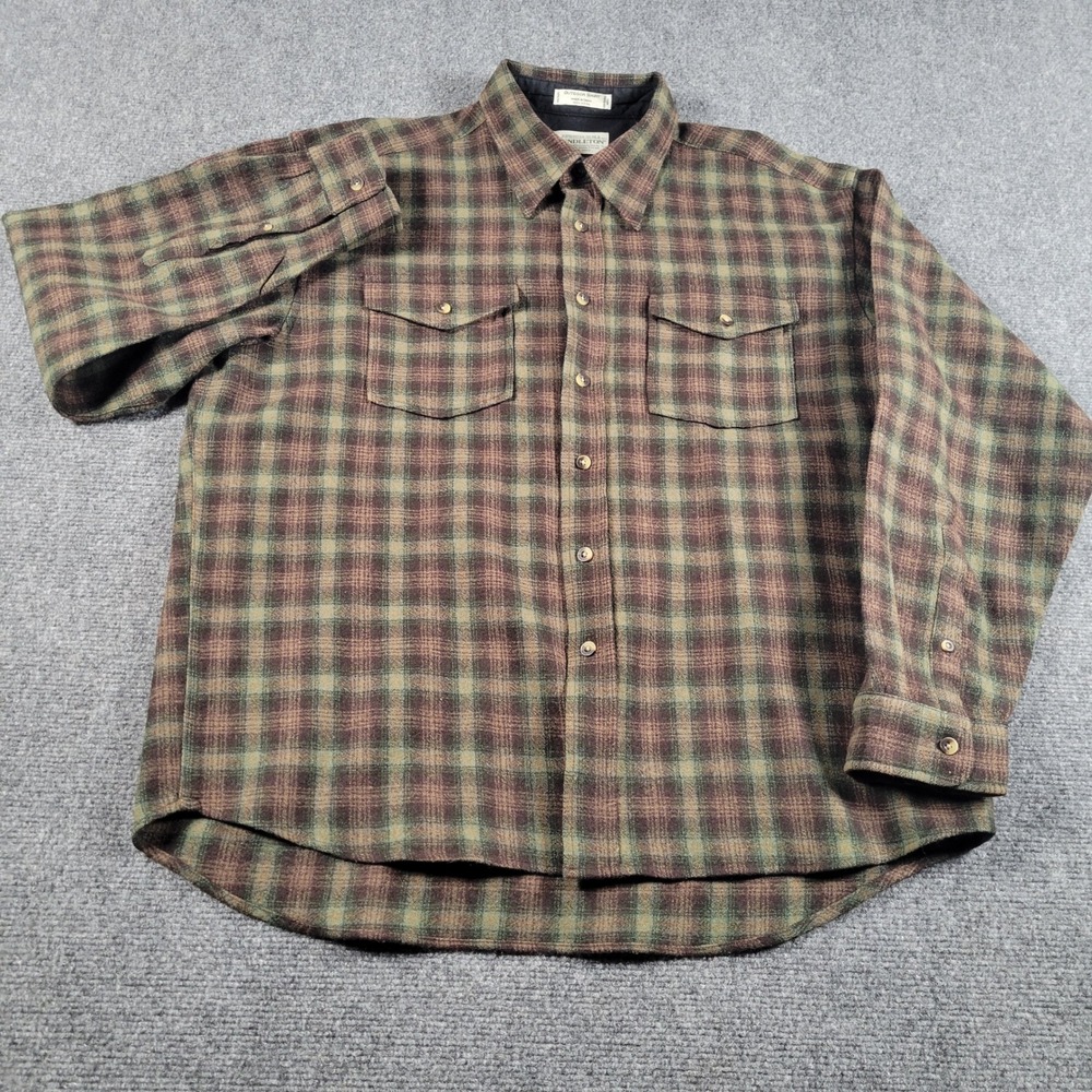 Pendleton Outdoor Shirt Mens XL Green Brown Plaid Washable Wool Button Up - Picture 2 of 9